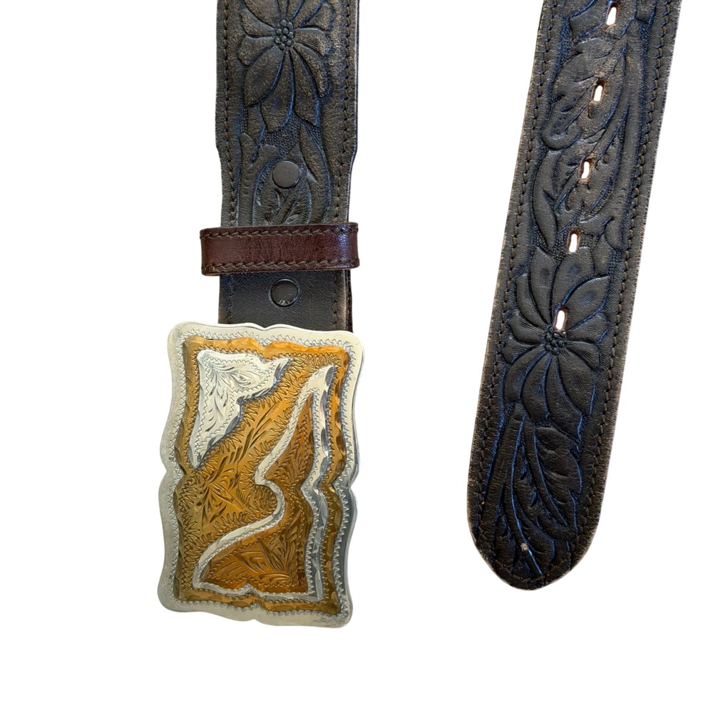 Chambers Western Belt Hand Finished Tooled Leather Two Tone Buckle USA 38‎ VTG